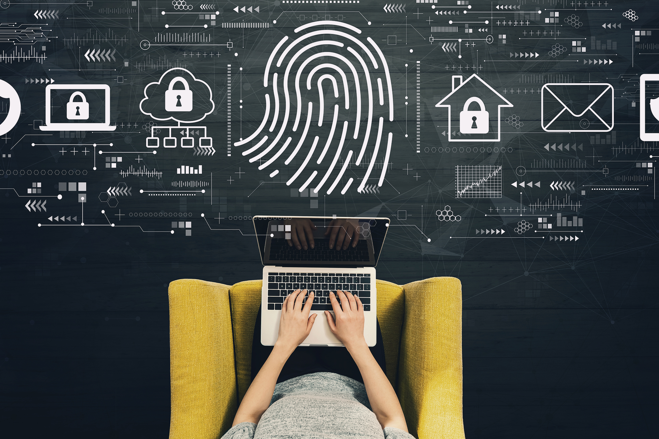 A remote worker sits in a yellow chair; cyber security icons overlay the image
