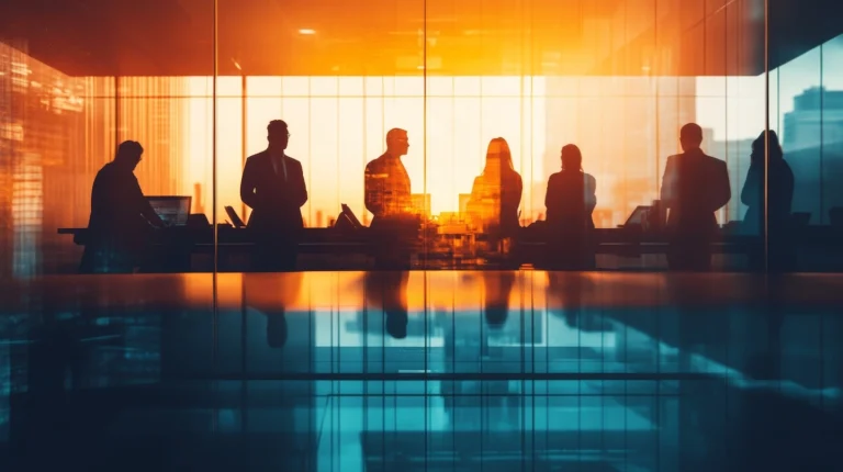 Silhouettes of business professionals during sunset in glass building.