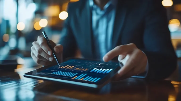 Man in suit uses ipad with bar charts for financial forecast talent needs.